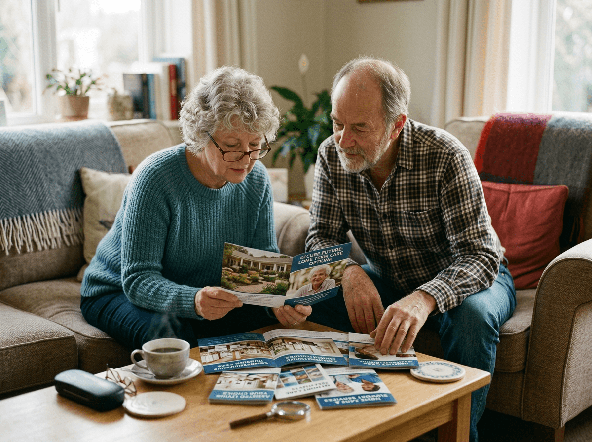 Elderly couple looking at long term care brochures on a coffee table