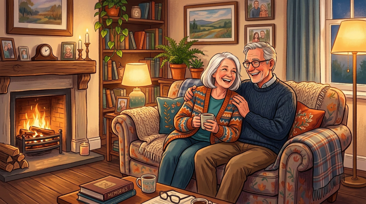Elderly couple sitting on a sofa, smiling and holding mugs near a fireplace